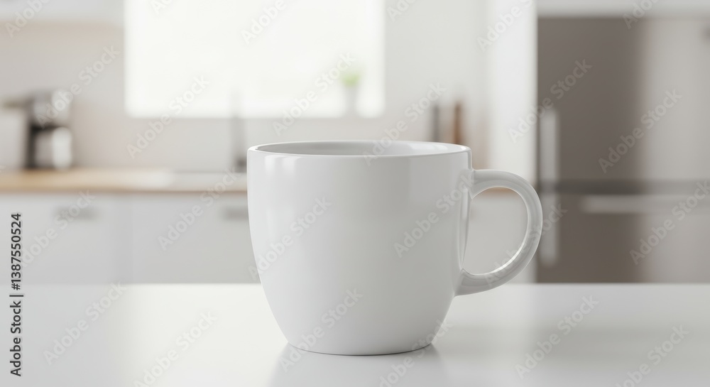 Obraz premium Minimalist kitchen with white cup on counter, perfect for beverage presentation