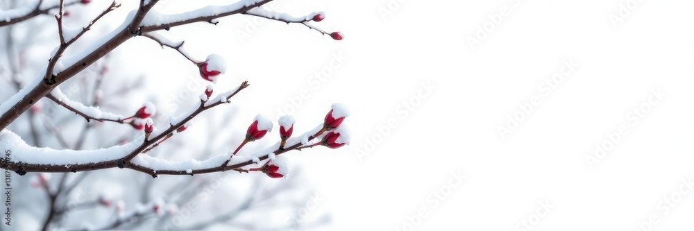 Snowy branches with delicate leaves isolated on white background, frosty, serene landscape, nature Snowy branches with delicate leaves isolated on white background, frosty, serene landscape, nature
