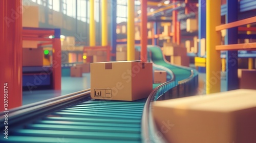Inside a vibrant logistics center, a conveyor belt moves cardboard boxes designated for online delivery.