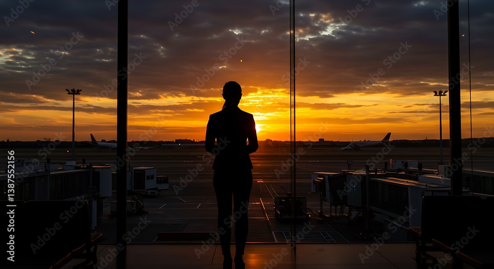 Fototapeta premium Woman Silhouette Looking at Airport Sunset Through Glass Window