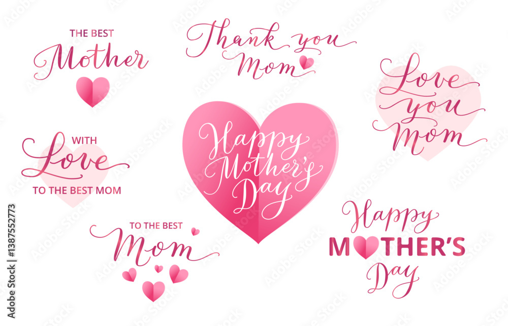 Happy mother's day typography, calligraphy. Love you Mom text. For mothers day greeting cards, banners, social media posts, invitations, photo overlays. Transparent background in vector file.