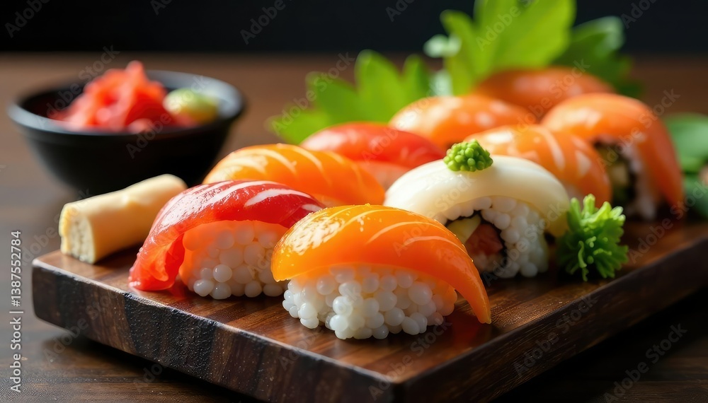 Colorful sushi platter, various rolls, ginger, wasabi , fish, wasabi Colorful sushi platter, various rolls, ginger, wasabi , fish, wasabi