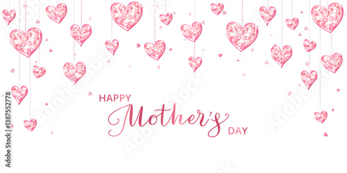 Mother's day banner. Pink glitter hearts decoration on white. Hand written calligraphy. Romantic shiny background. Vector.