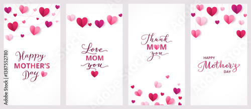 Mother's day cards. Vertical format for social media. Pink paper hearts decoration. Mothers day calligraphy. Love frame, border. String ornaments isolated on white background. Vector.