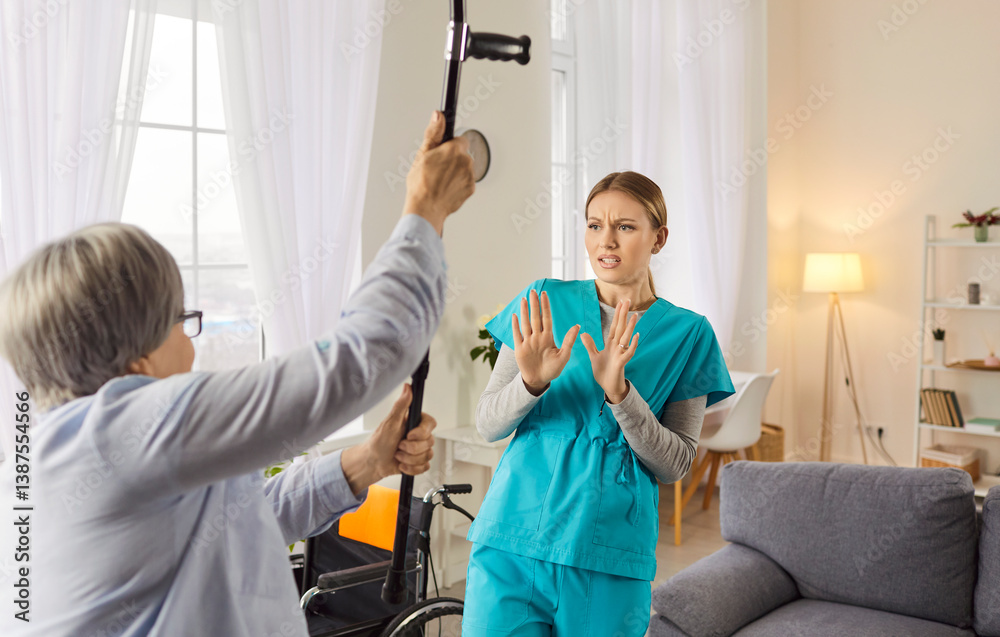 Angry senior patient raising a cane, threatening a doctor or nurse at a nursing home. Tense conflict situation reflecting emotional distress, medical challenges, and caregiving struggles.