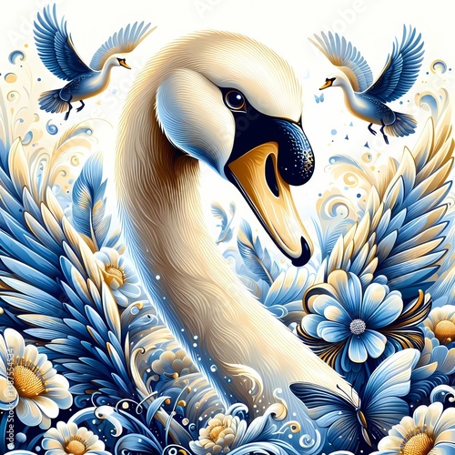 Majestic swan in floral garden surrounded by ornate blue birds and detailed flowers