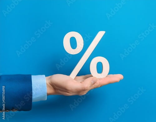 A hand in a suit holds a white percentage symbol against a blue background.