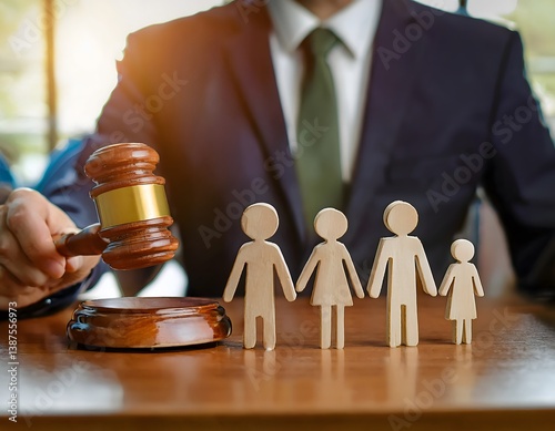 A lawyer holding a gavel over a family figurine on a wooden desk, symbolizing family law or divorce proceedings.