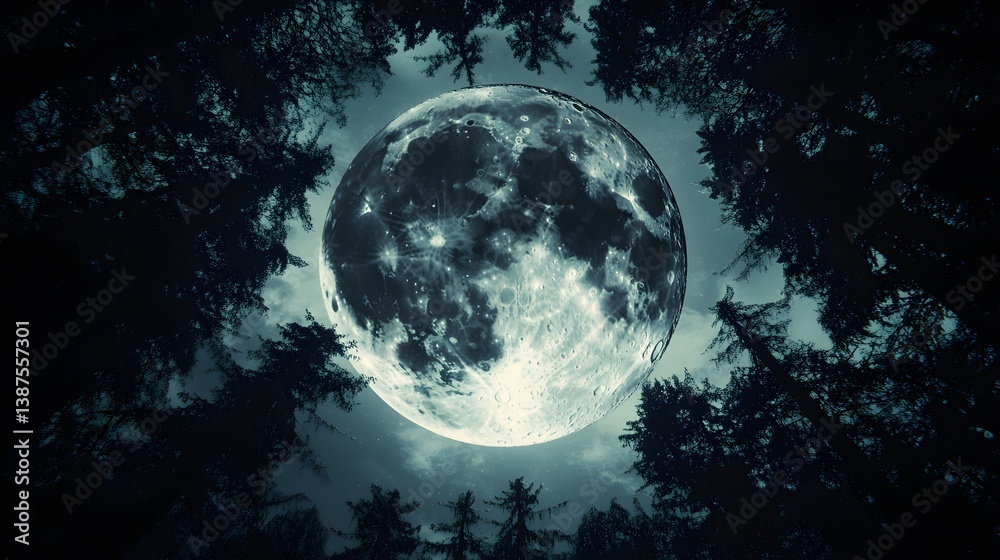 Naklejka premium A colossal moon encircled by the silhouettes of towering trees, accentuating its mesmerizing details and lunar brilliance.