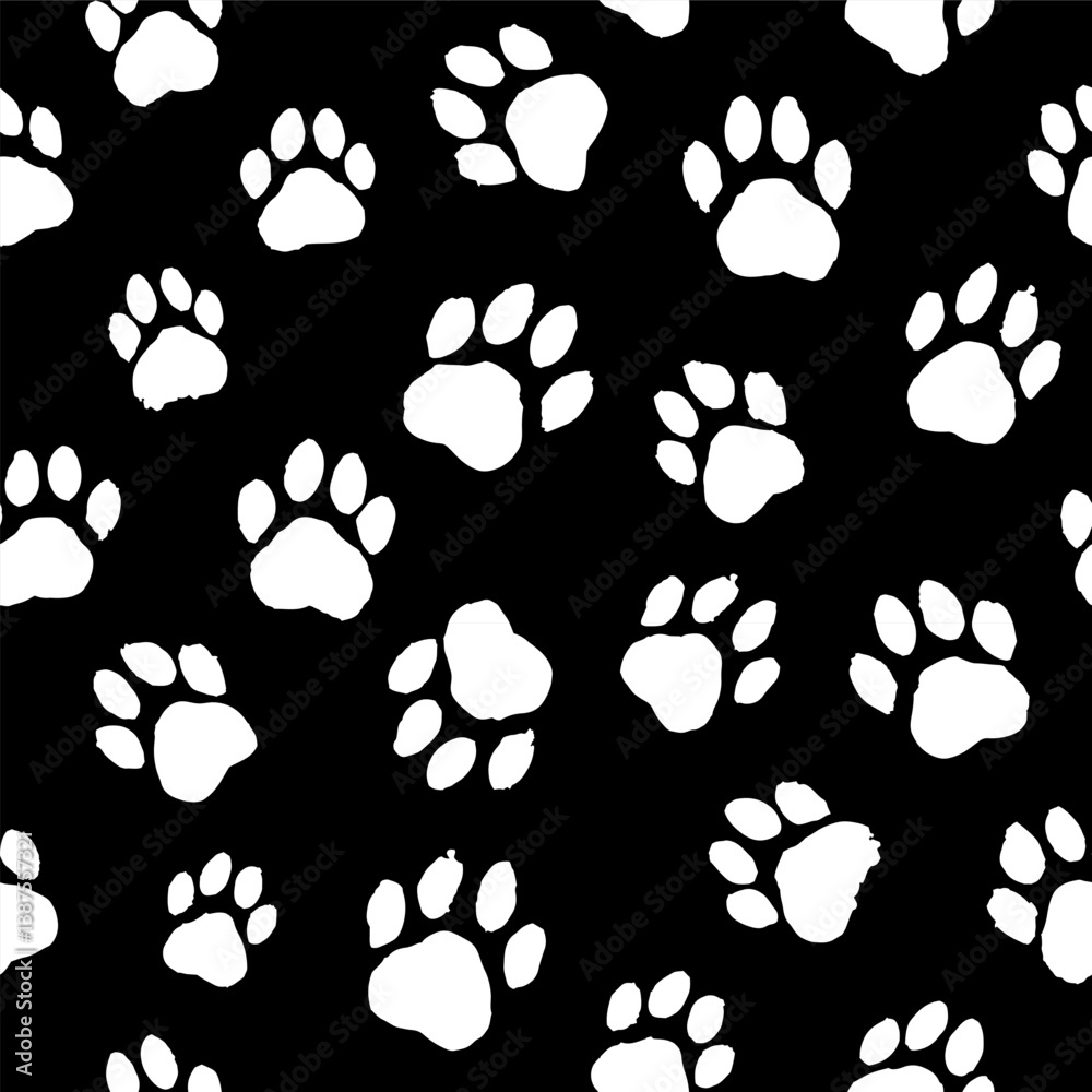 Fototapeta premium Pattern with white paw prints of a dog, cat on a black background in grunge style. Drawn with brush strokes, splashes, blots.