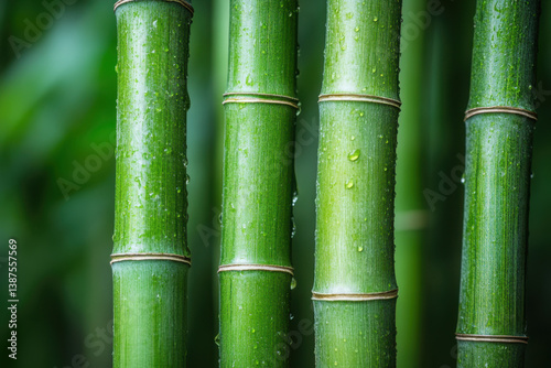 Giant panda peacefully munching on bamboo in lush forest setting, showcasing its iconic black and white fur against the vibrant green backdrop.