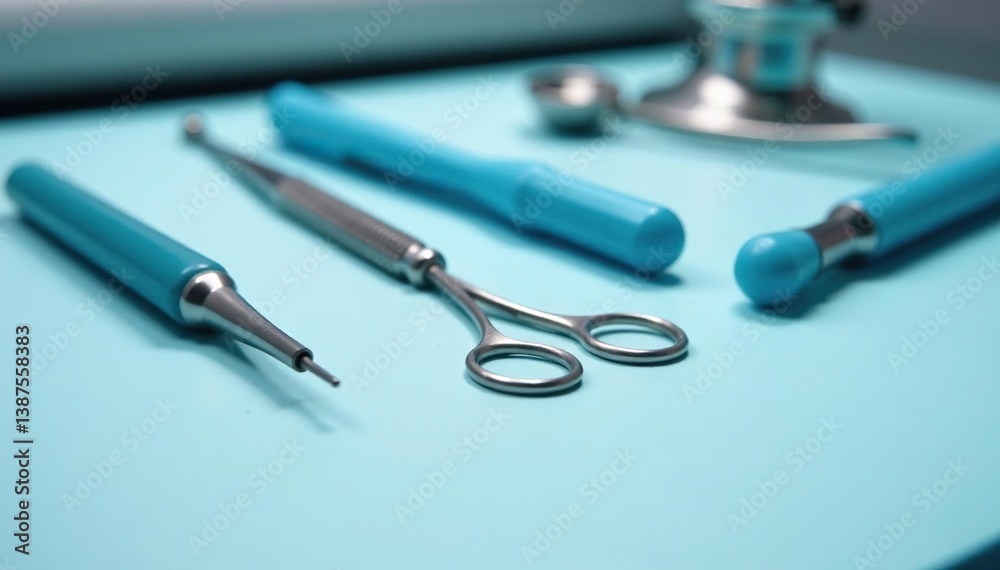 Close-up of veterinary instruments on a sterile white surface, pet care, veterinary, examination Close-up of veterinary instruments on a sterile white surface, pet care, veterinary, examination