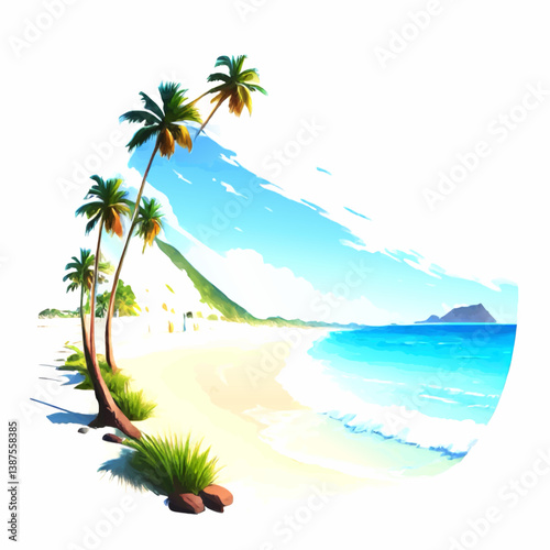 watercolor beach decorative ornament vector with, palm trees and white area for insertion