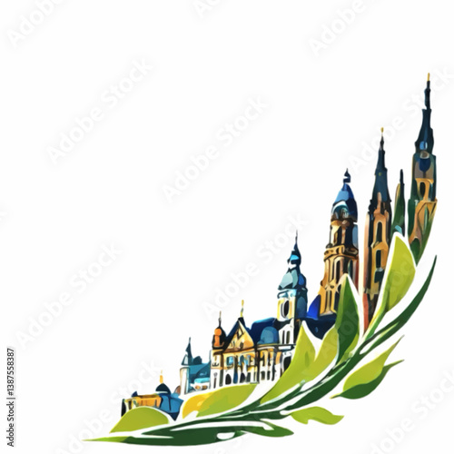 vintage city skyline and branch of leaves decorative vector ornament for insertion photo