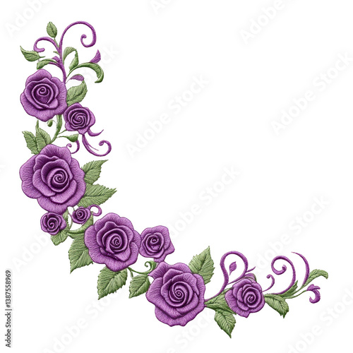 A Purple embroidered roses with green leaves form decorative corner design, showcasing intricate floral patterns and elegant swirls. embroidery style adds touch of vintage charm