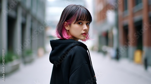ピンクのインナーカラーが印象的な都会の女性