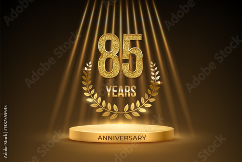 Anniversary gold award podium with glittering number 85. Eighty five years celebration birthday or jubilee golden vector background. Luxury stage with laurel wreath and glowing rays on black.
