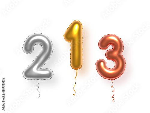 Golden, silver and bronze balloon-shaped awards. Winners rewards isolated on transparent background. Prizes for first, second and third places. Abstract vector illustrations set.