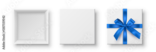 White boxes with blue ribbons and bow. Blue wrapping decorations on white background. Collection of gift box decoration. Realistic 3d vector illustration set.