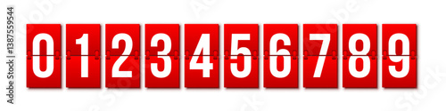 Flip countdown numbers set. Red flipboard display with numbers from 0 to 9 isolated on white background. Vector illustration in design of old-fashioned analog scoreboard or airport departure board.
