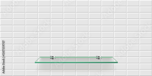 White subway tile with glass shelf in center. Metro brick horizontal pattern with pedestal. Bathroom, kitchen or pool interior for product display. Interior design element. Realistic vector background