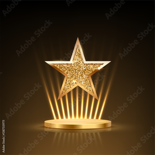 Gold podium with glitter star on top and spotlights rays. Golden award platform isolated on black background. Abstract vector illustration for product presentation or winner ceremony.