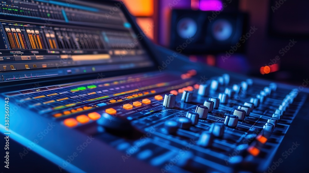 The recording studio control desk comes to life with a laptop screen featuring digital audio workstation software The recording studio control desk comes to life with a laptop screen featuring digital audio workstation software