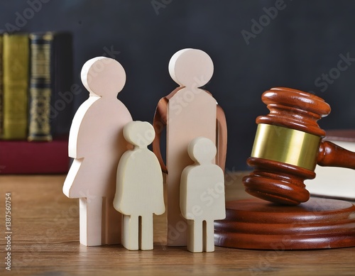 Wooden family figurines stand beside a gavel on a wooden surface, suggesting legal family matters.