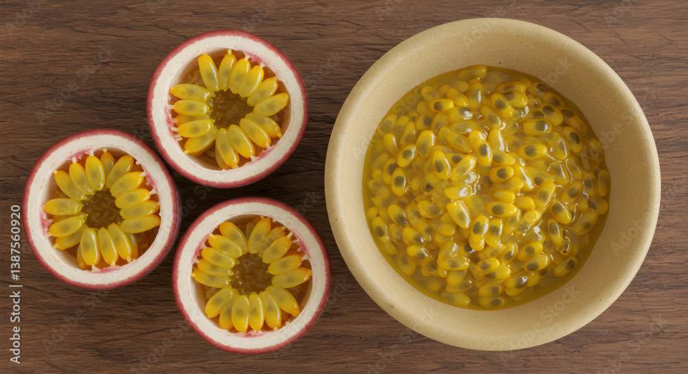 Passion Fruit Halves and Seeds in Bowl on Wood Surface Passion Fruit Halves and Seeds in Bowl on Wood Surface