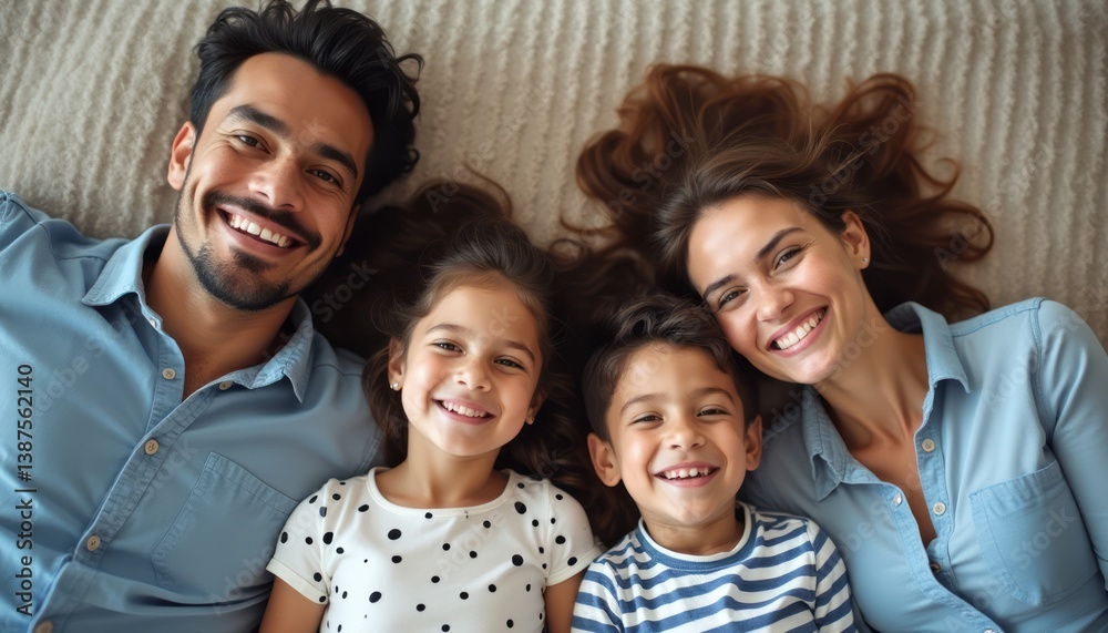 A cheerful family of four, including a father, mother, and two children, are lying on a soft carpet, radiating happiness. Their bright smiles and playful expressions create a warm atmosphere of love A cheerful family of four, including a father, mother, and two children, are lying on a soft carpet, radiating happiness. Their bright smiles and playful expressions create a warm atmosphere of love