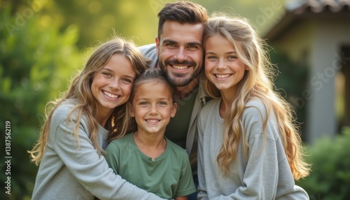 A cheerful family of four, featuring a smiling father and three children, share a warm embrace in a lush garden. Their radiant smiles and cozy attire reflect a moment of love and togetherness