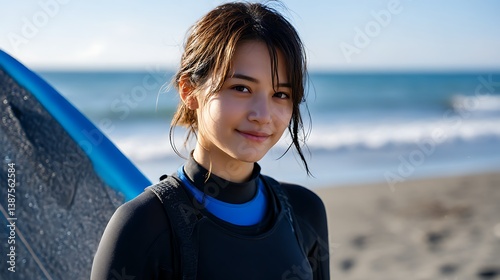 ビーチでほほ笑むサーファーの女性 photo