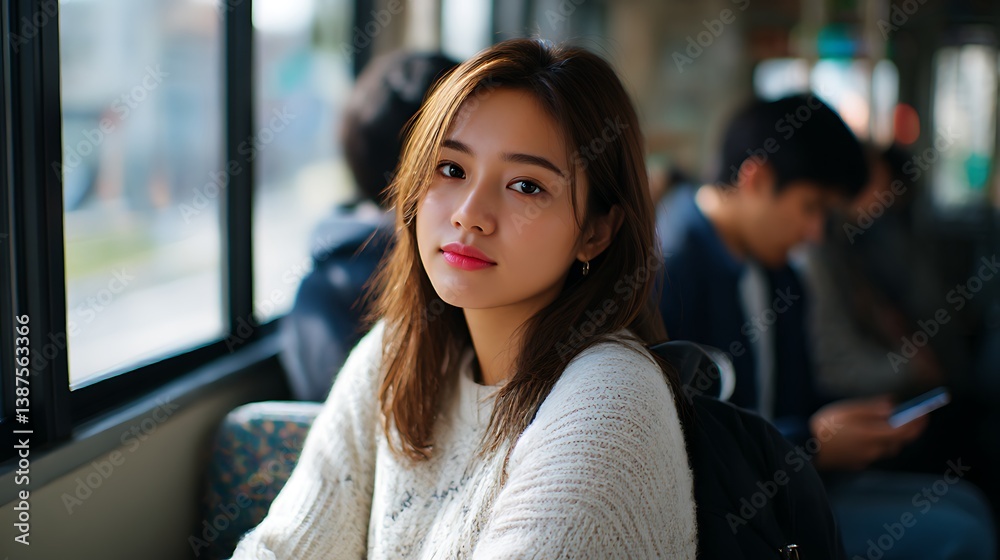 Fototapeta premium バスの座席に座る女性