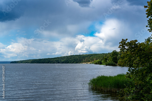 Different landscapes on the lake in summer.