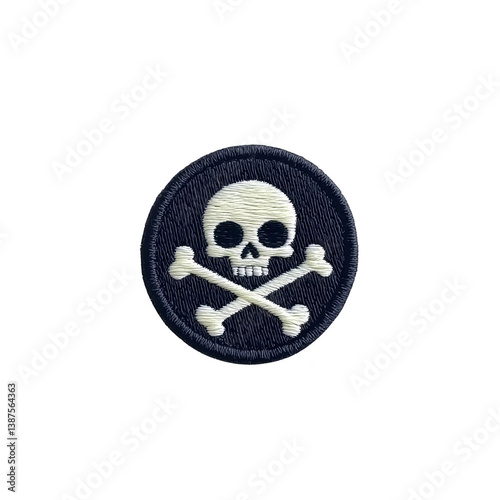 A round embroidered patch features skull and crossbones design on transparency background, symbolizing danger or piracy. patch is detailed with white stitching, creating striking contrast