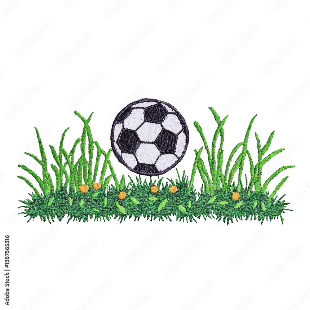 Fototapeta premium A soccer ball rests on lush green grass with small yellow flowers, creating vibrant and playful scene. black and white ball contrasts with greenery, evoking sense of outdoor fun