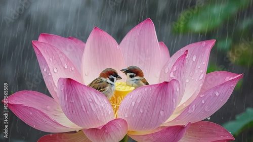 Two Sparrows in a Lotus Blossom During Rain 4K