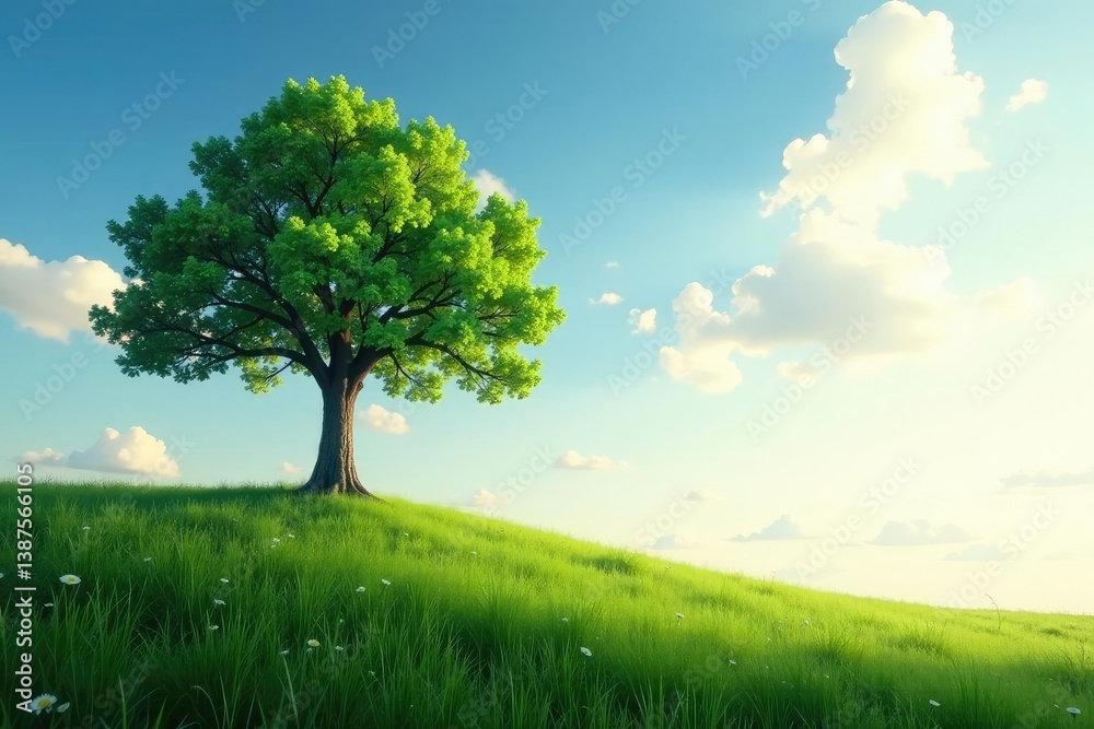 Fototapeta premium A single tree branches out towards the sky in isolation, serene landscape, up high