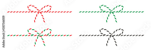 Set of сotton red rope bakers twine bow and ribbons for gift isolated on transparent background. Horizontal banner. Packing string for decoration present for Christmas, birthday. Flat vector EPS10