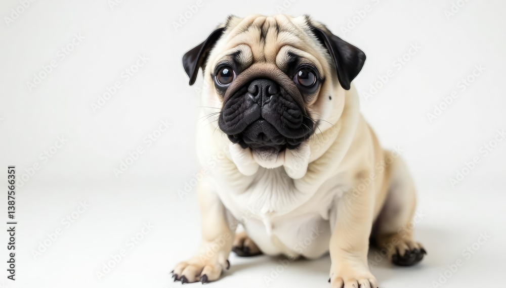 A solo pug, attentively posed on a stark white backdrop , serious, pet A solo pug, attentively posed on a stark white backdrop , serious, pet