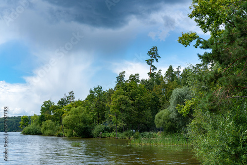 Different landscapes on the lake in summer.