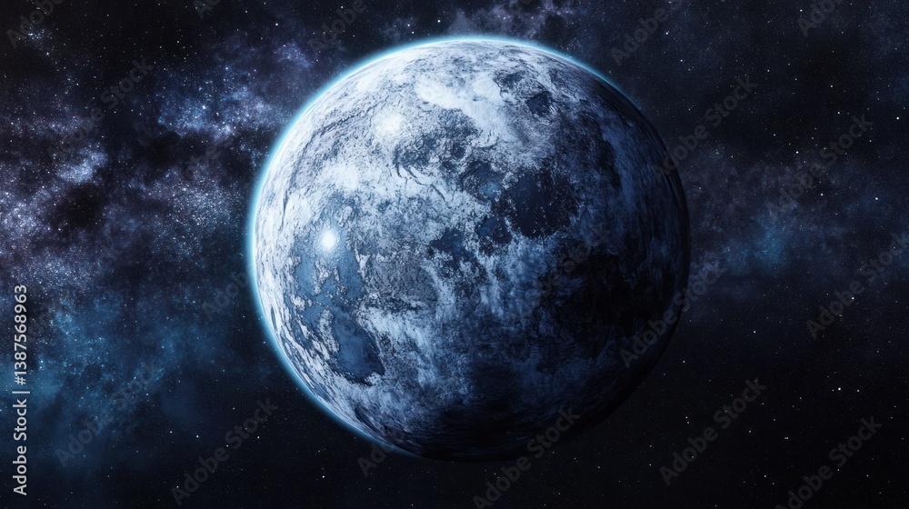 Obraz premium Distant celestial sphere with intricate surface details and cosmic backdrop