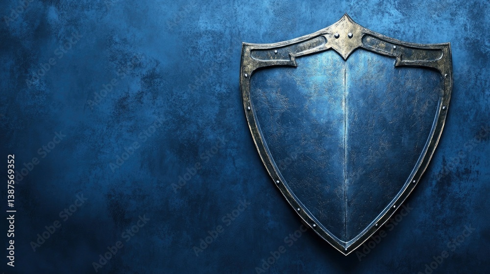 Fototapeta premium Medieval Shield on Dark Textured Background Represents Protection and Security
