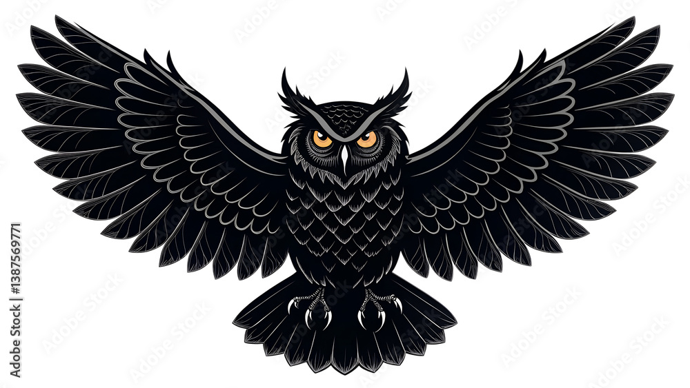 Fototapeta premium Fierce Black Owl Illustration with Outstretched Wings