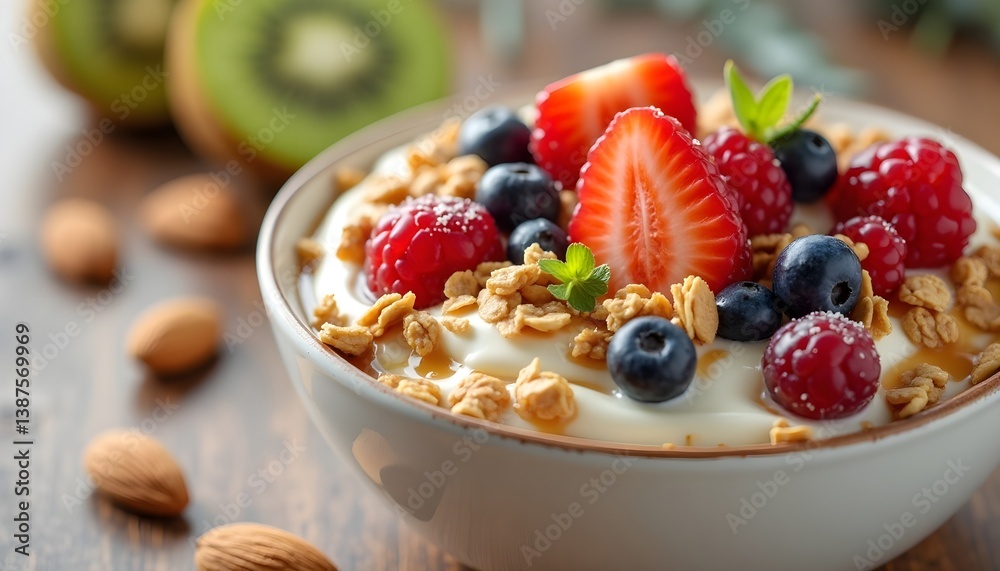 Yogurt parfait with granola, berries, & almonds. Yogurt parfait with granola, berries, & almonds.