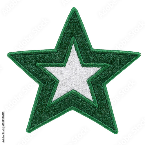 A green and white embroidered star patch with layered design, featuring bold green outline and white center, perfect for adding decorative touch to clothing or accessories