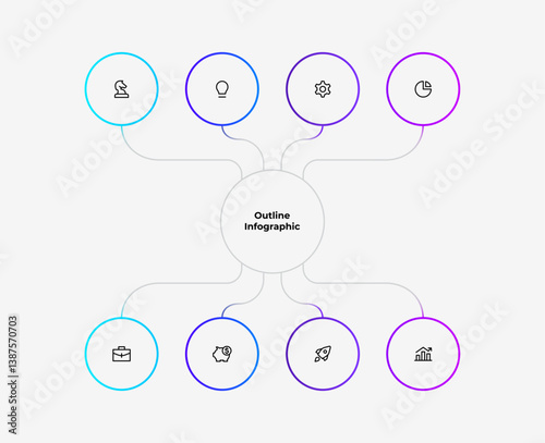 Minimalistic infographic with connected 8 circular nodes forming a diagram, displaying various business and strategy related concepts through icons