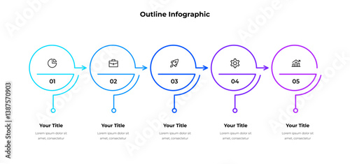 Outline infographic design displaying five sequential steps with icons and vibrant colors, suitable for business, marketing, or presentation purposes