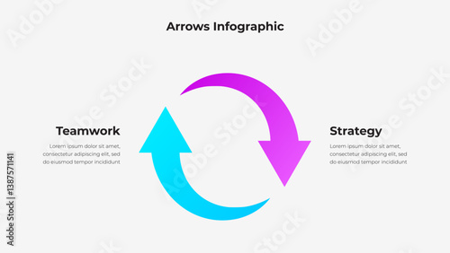 Creative infographic featuring two colorful arrows forming a circular shape, symbolizing connections between teamwork and strategy. Useful for business presentations or workflow processes
