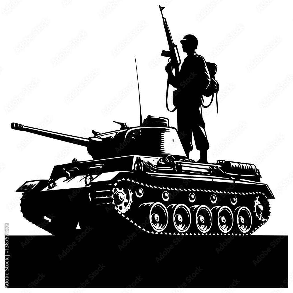 Obraz premium Steel Sentinel: A bold silhouette of a battle tank with a soldier, creating a stark contrast that evokes a sense of strength, vigilance, and the weight of responsibility.
